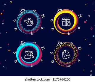 Set of People, Couple and Add gift icons. Discount tags sign. Support job, Two male users, Present box. Sale coupons.  Circle banners with line icons. Gradient colors shapes. Vector