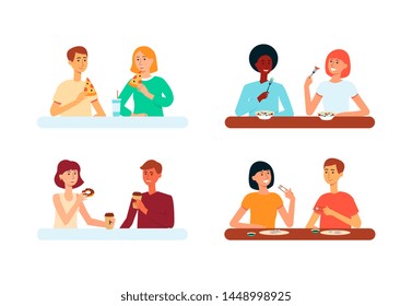 Conjunto de personas parejas sentadas en la mesa comiendo varios alimentos planos estilo caricatura, ilustración vectorial aislada en fondo blanco. Hombres y mujeres beben café y comen donut o sushi o pizza o ensalada