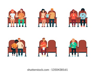 Set of people and couples sitting in cinema cartoon style, vector illustration isolated on white background. Collection of men and women in theater chairs watching movie