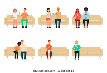 Set of people and couples sitting on couch cartoon style, vector illustration isolated on white background. Collection of men and women on home sofa watching movie or tv