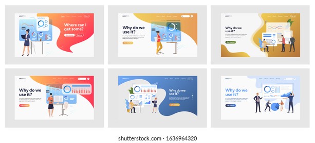 Set of people creating infographics for presentation. Flat vector illustrations of managers analyzing statistics. Analytics, statistics, research concept for banner, website design or landing web page