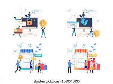 Set of people creating passwords for protecting shopping sites. Vector illustrations. Development, optimization, teamwork. Cybercrime and online shopping concept for website design or landing web page