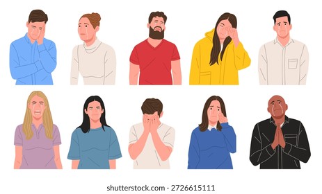 Conjunto de personas llorando y mostrando tristeza, dolor, estrés y dolor emocional. Ilustración vectorial plana de hombres y mujeres con lágrimas, depresión, ansiedad y expresiones de decepción. Concepto de salud mental, emociones, dolor y sentimientos humanos. 