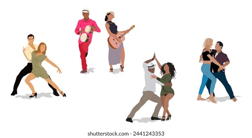 Conjunto de personas en poses de baile y músicos latinos.