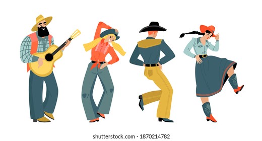 Set of people dancing country dance and musician with guitar. Vector illustration with cartoon characters in flat style