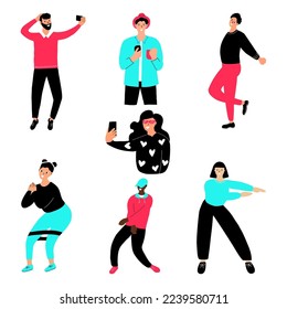 The set with people dancing and filming stories in a popular social network in blue, pink and black colors. In hand drawing style on white background.