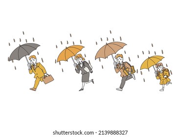 Un conjunto de personas que azotan bajo la lluvia Comical persona manuscrita Vector, dibujo de líneas y color