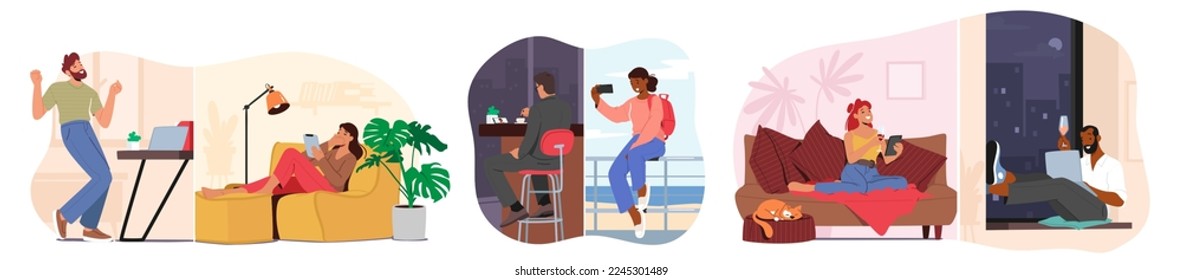 Set People Dating Online, Young Male and Female Characters Chatting via Smartphones or Laptops. Men and Women Virtual Love or Loving Relations in Internet. Cartoon Vector Illustration