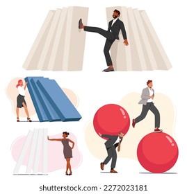 Set Of People Deal with Problems. Sad And Cheerful Men or Women Overloaded With Problems Or Tasks. Male And Female Characters Coping With Difficulties By Carrying Burden. Cartoon Vector Illustration