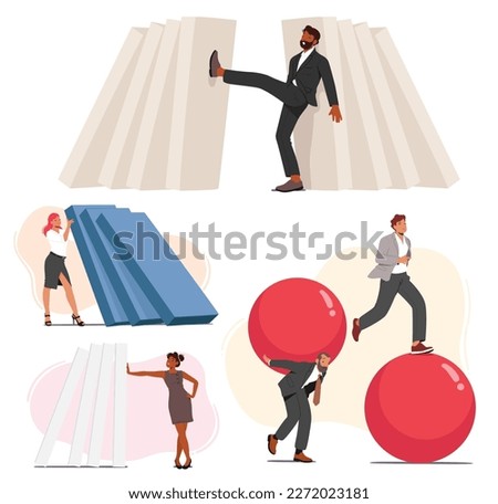 Set Of People Deal with Problems. Sad And Cheerful Men or Women Overloaded With Problems Or Tasks. Male And Female Characters Coping With Difficulties By Carrying Burden. Cartoon Vector Illustration