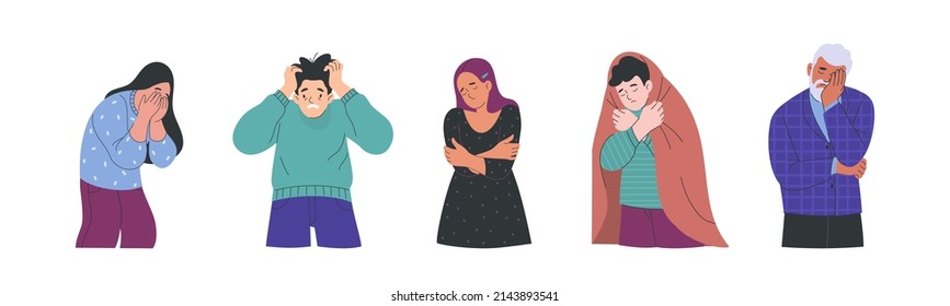 A set of people in depressive and emotionally depressed states. Flat style vector illustration of diverse people in grief, depression, stress and sadness. Isolated on white