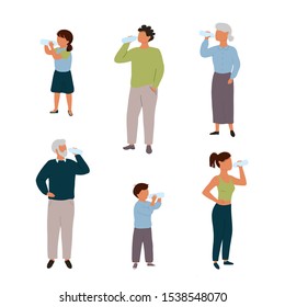 Set of people of different age drinking water from bottle. Flat modern trendy style.Vector illustration character icon. Isolated on white background. 
