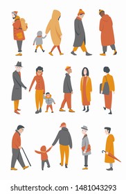 A set of people of different ages, dressed in autumn clothes or outerwear, walks with children, stand on the street, go about their business. Vector flat cartoon illustration.