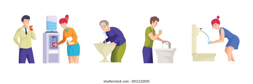 Set People Different Ages Drinking Water. Elderly, Man, Woman Quench Thirst With Refreshing Pure Beverage. Person Drink Aqua From Office Cooler, Public Fountain, Home Plumbing, Sink Cartoon Vector