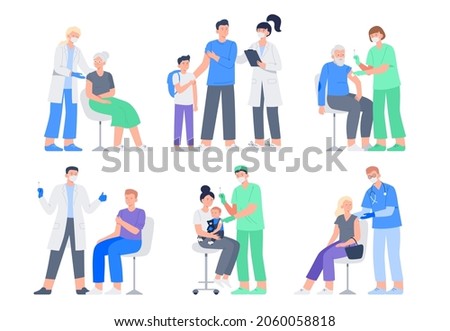 Set of people of different ages, gender gets vaccinated. Vector flat illustrations isolated on white background.