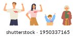 Set of people in different ages have a healthy strong heart. Concept of mental health care, moral support, encouragement, morale, well-being. Happy young  man, woman, kid, and old lady. Flat vector
