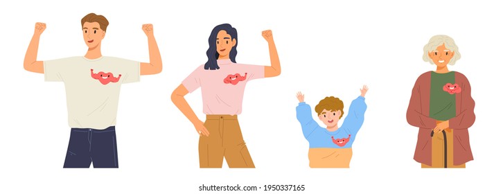 Set Of People In Different Ages Have A Healthy Strong Heart. Concept Of Mental Health Care, Moral Support, Encouragement, Morale, Well-being. Happy Young  Man, Woman, Kid, And Old Lady. Flat Vector