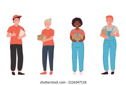 A set with people of different ages, people of different nationalities and professions. The concept of the goods delivery service. Vector illustration for printing.