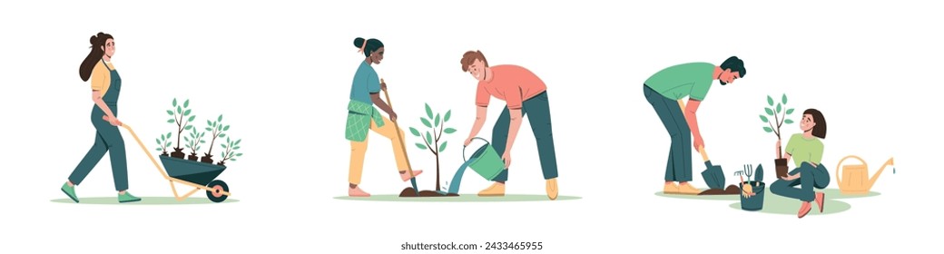 Conjunto de personas de diferentes edades plantando árboles, semillas. Cuidado del medio ambiente y concepto de voluntariado, jardinería de primavera. Ilustración plana del vector de la historieta aislada sobre fondo blanco