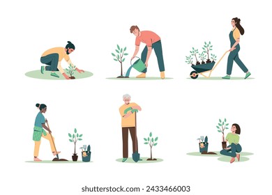 Set of people of different ages planting trees, seedings. Environmental care and volunteerism concept, spring gardening. Flat cartoon vector illustration isolated on white background