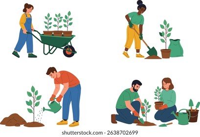 Set of people of different ages planting trees, seedings. Environmental care and volunteerism concept, spring gardening. Flat cartoon vector illustration isolated on white