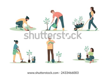 Set of people of different ages planting trees, seedings. Environmental care and volunteerism concept, spring gardening. Flat cartoon vector illustration isolated on white background