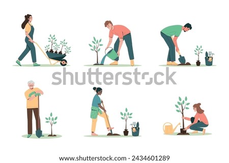 Set of people of different ages planting trees, seedlings. Environmental care and volunteerism concept, spring gardening. Flat cartoon vector illustration isolated on white background