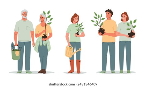 Conjunto de personas de diferentes edades con plantas y herramientas de jardinería en sus manos. Cuidado del medio ambiente y concepto de voluntariado, jardinería de primavera. Ilustración plana del vector de la historieta aislada en blanco 