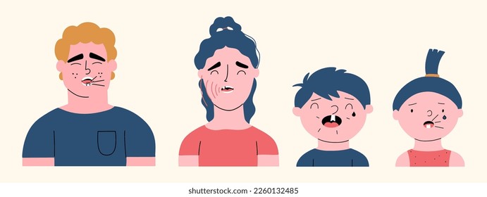 Set of people of different ages with toothache. Boy and girl with a cracked first milk tooth. Vector hand drawn illustration