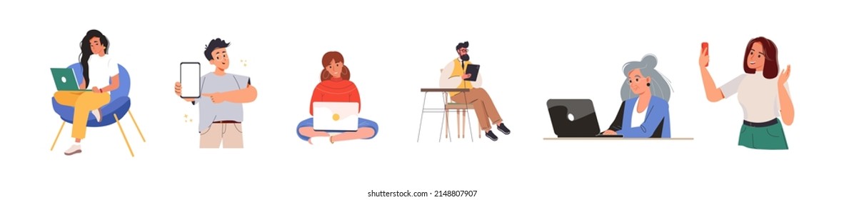 Set of people of different ages using gadgets. Man and woman are online with smartphone, laptop, tablet PC, mobile phone. Male and female Internet users. Flat vector illustration isolated on white