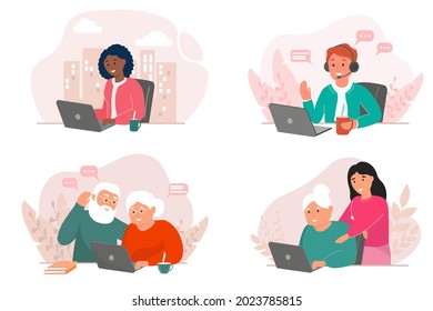 A set of people of different ages working at a computer. An African-American woman, a young man, an elderly couple, a girl teaches a pensioner. The concept of working from home, virtual communication.