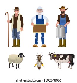 Set of people of different agricultural professions together with its products: milkman, beekeeper and shepherd. Vector illustration isolated on white background