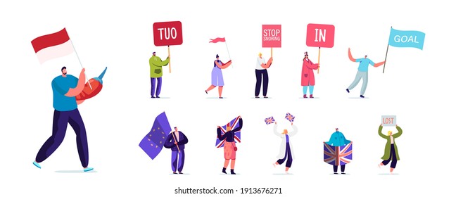 Set People with Different Banners. Male Female Characters Hold Signboard TUO, Stop Snoring, In or Goal, Men and Women with Great Britain Flag Isolated on White Background. Cartoon Vector Illustration