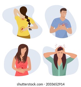 Set Of People With Different Body Pain: Headache, Abdominal Pain, Heart Pain, Back And Neck Pain. Flat Cartoon Colorful Vector Illustration.