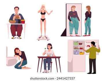 Set of people with different eating disorders flat style, vector illustration isolated on white background. Decorative design elements collection, bulimia, anorexia and dysmorphia