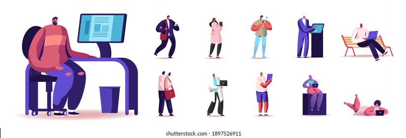 Set of People with Different Electronic Devices. Male and Female Characters Using Computer, Laptop, ATM Machine, Smartphone or Mobile Phone Isolated on White Background. Cartoon Vector Illustration