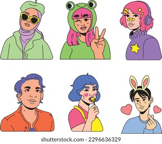 Conjunto de personas con diferentes emociones. Ilustración vectorial al estilo de las caricaturas.