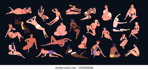 Set of people of different figure type. Various men and women dressed in swimwear isolated on black background. Body positivity, diversity and self-acceptance. Flat cartoon vector illustration.