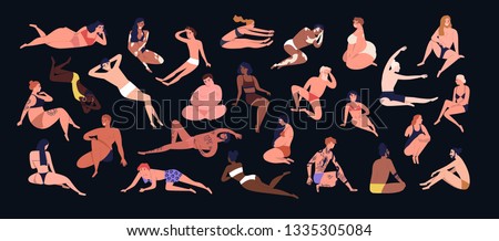 Set of people of different figure type. Various men and women dressed in swimwear isolated on black background. Body positivity, diversity and self-acceptance. Flat cartoon vector illustration.