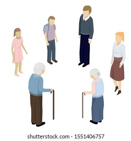 Set of people of different generations in isometry. Grandmother, grandfather, parents, children. Vector illustration. People are isolated on a white background.