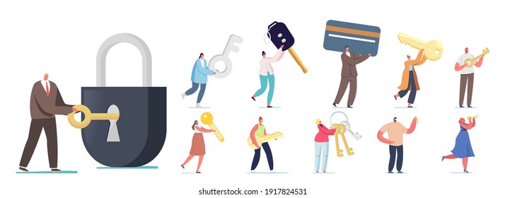 Set Of People With Different Keys. Tiny Male And Female Characters Holding Electronic Card, Open Huge Lock, Digital Key For Virtual Wallet Isolated On White Background. Cartoon Vector Illustration