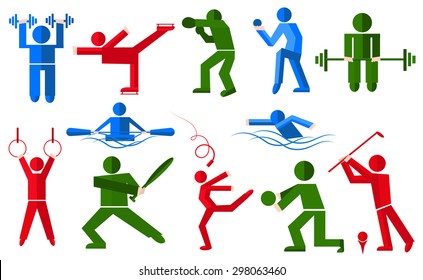 A set of people with different kinds of sports. Isolated men and women in various poses for design and web sites. The modern concept of the athletes. Vector illustrations