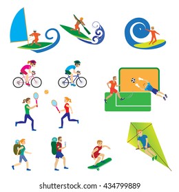 A set of people with different kinds of sports. Isolated men and women in various poses for design and web sites. The modern concept of the athletes. Vector illustrations