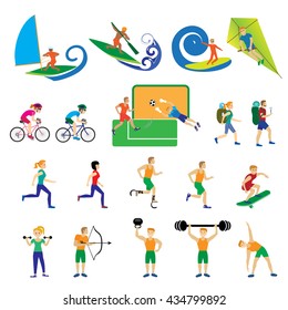 A set of people with different kinds of sports. Isolated men and women in various poses for design and web sites. The modern concept of the athletes. Vector illustrations