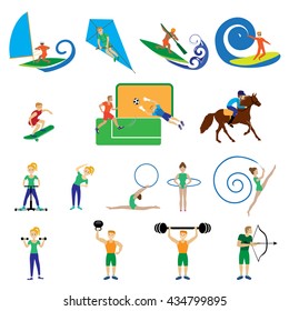 A set of people with different kinds of sports. Isolated men and women in various poses for design and web sites. The modern concept of the athletes. Vector illustrations