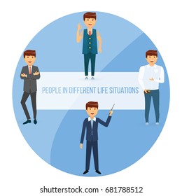 Set of people in different life situations and poses. Successful businessman, manager, modern young man shopping, guy hipster. Vector illustration isolated in cartoon style.