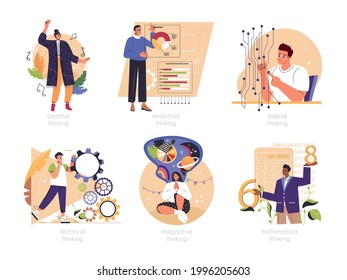 Set of people with different mental mindset types or models: creative, imaginative, logical and structural thinking. Mind behaviour, MBTI person types concept. Color isolated flat vector illustration.