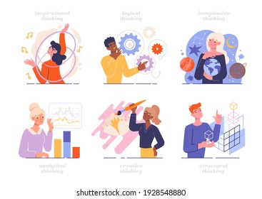 Set of people with different mindset types and models. Mind behavior concept. Flat metaphor outline abstract cartoon vector illustration template design concepts isolated on white background