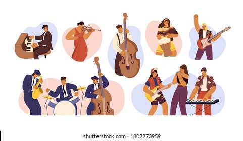 Set of people with different musical instrument vector flat illustration. Collection of music bands, musicians singing and playing music instruments isolated. Person with art hobby or profession