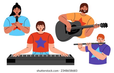 Set of people with different musical instrument. Women and men with art hobby or profession. Flat vector illustration on white background.